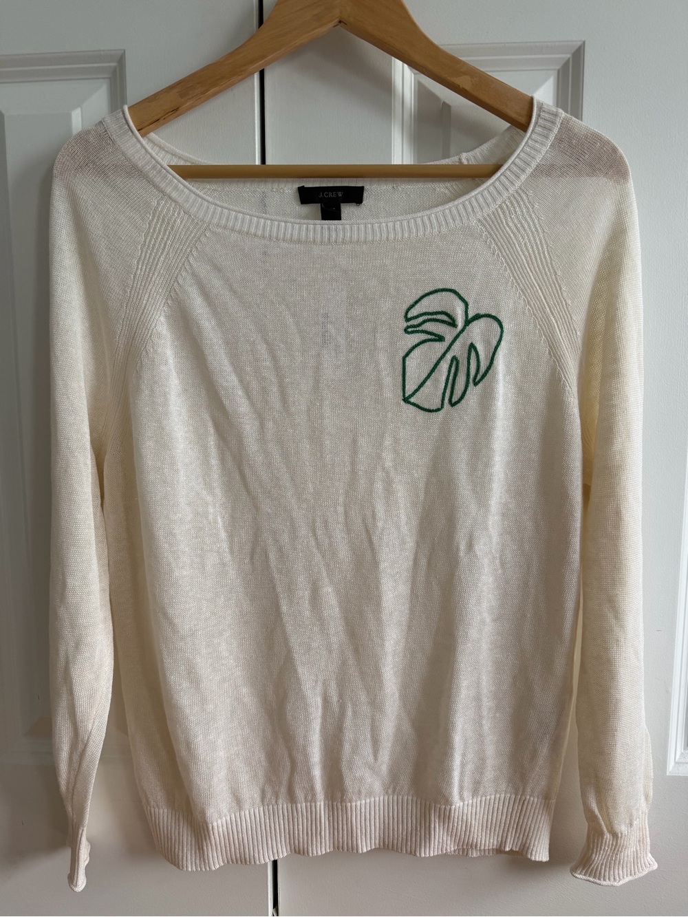 J. Crew Cream Linen Blend Beach Cover Up Sweater with Green Leaf Stitch size XS